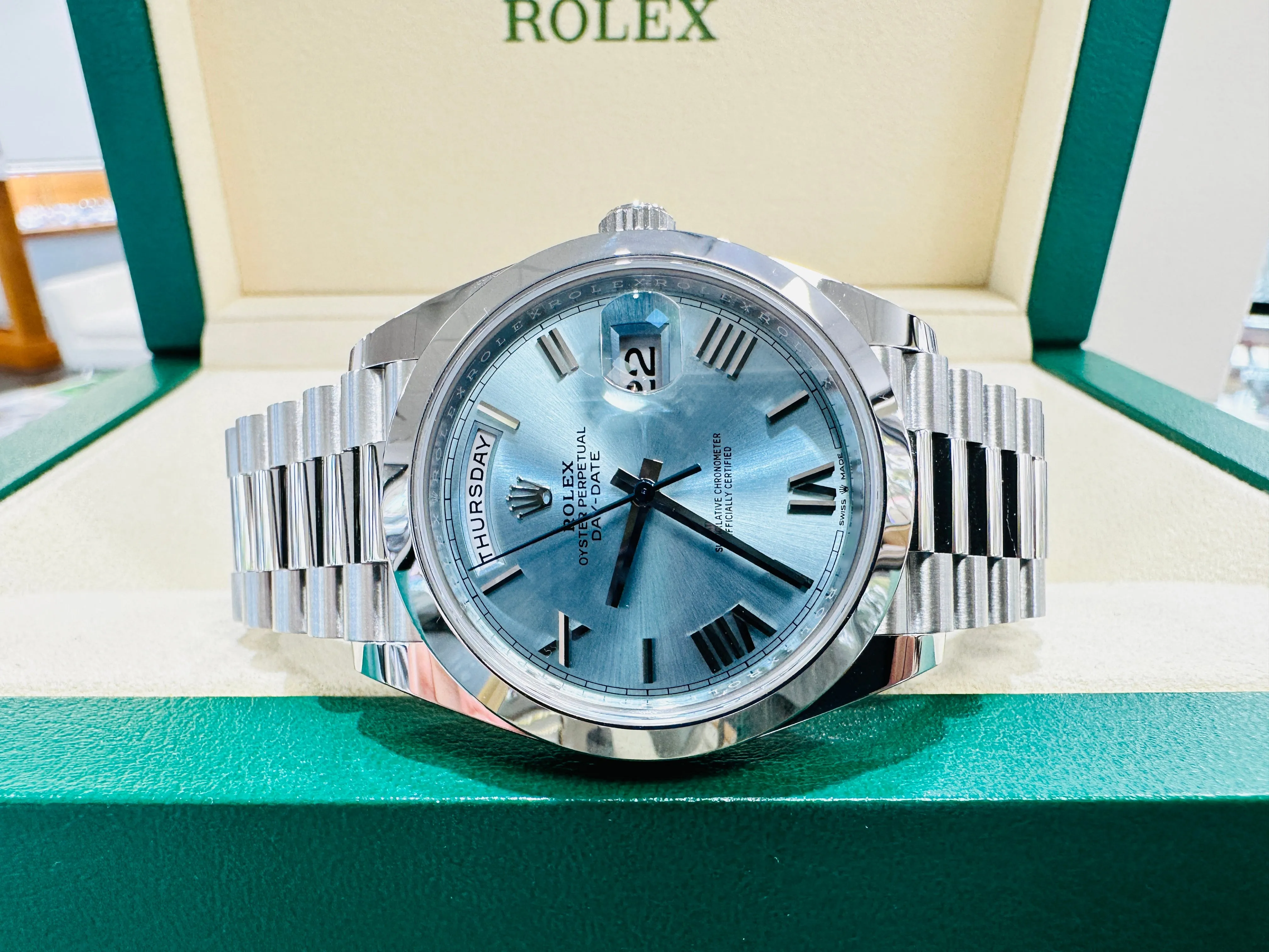 Rolex President 40 Day-Date 228206 Platinum Ice Blue Roman Dial UNWORN Box/Papers