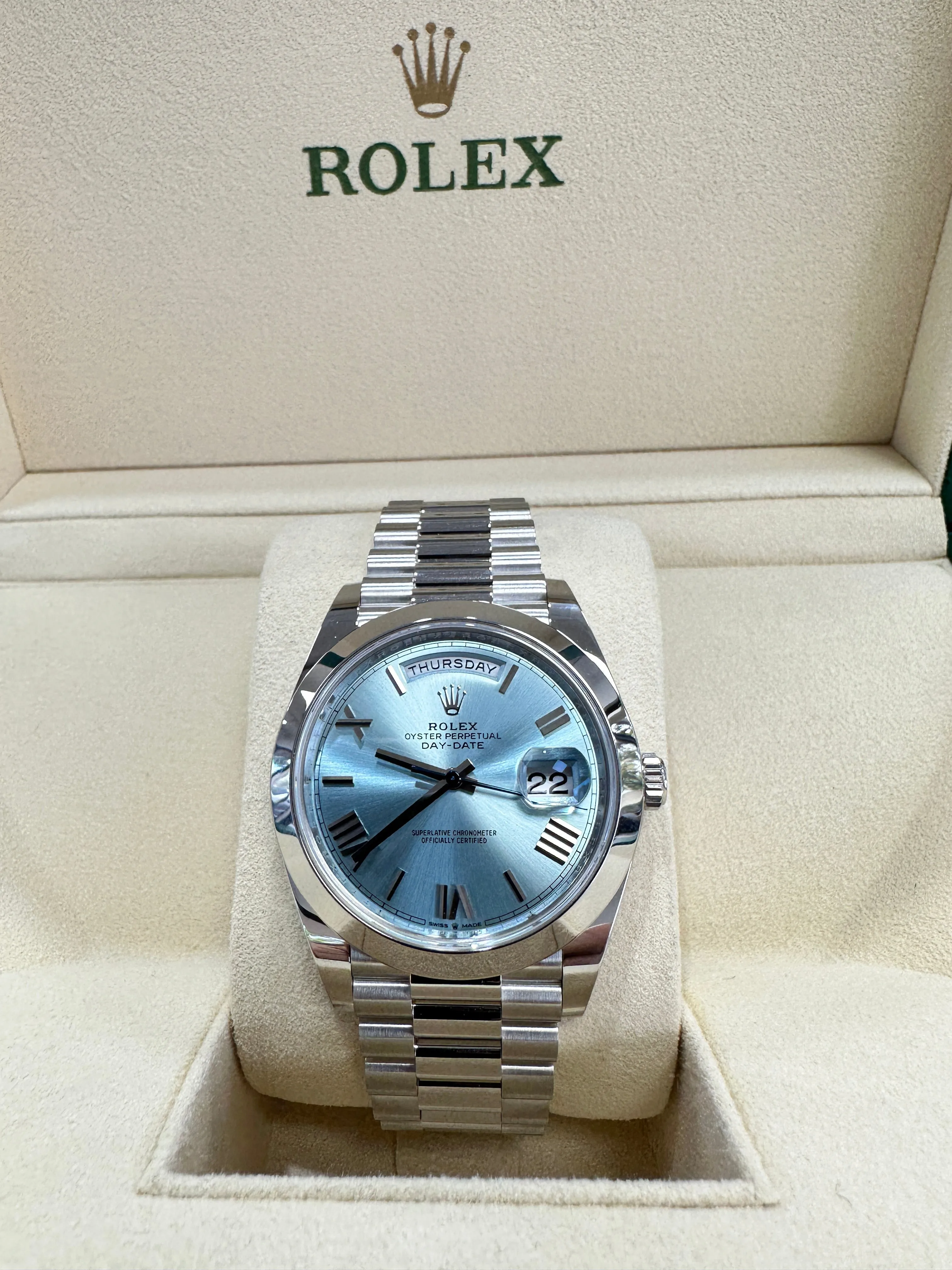 Rolex President 40 Day-Date 228206 Platinum Ice Blue Roman Dial UNWORN Box/Papers