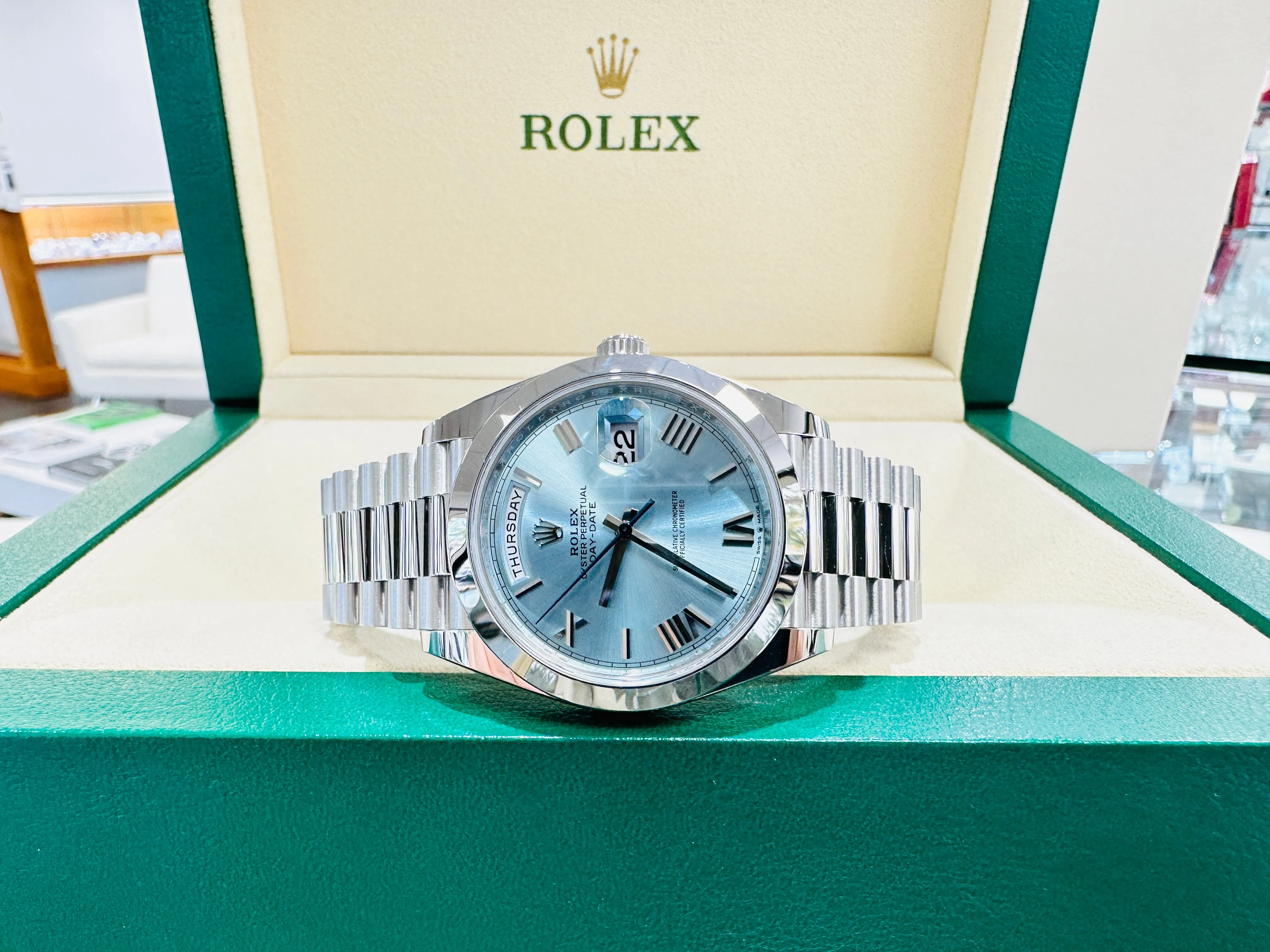 Rolex President 40 Day-Date 228206 Platinum Ice Blue Roman Dial UNWORN Box/Papers