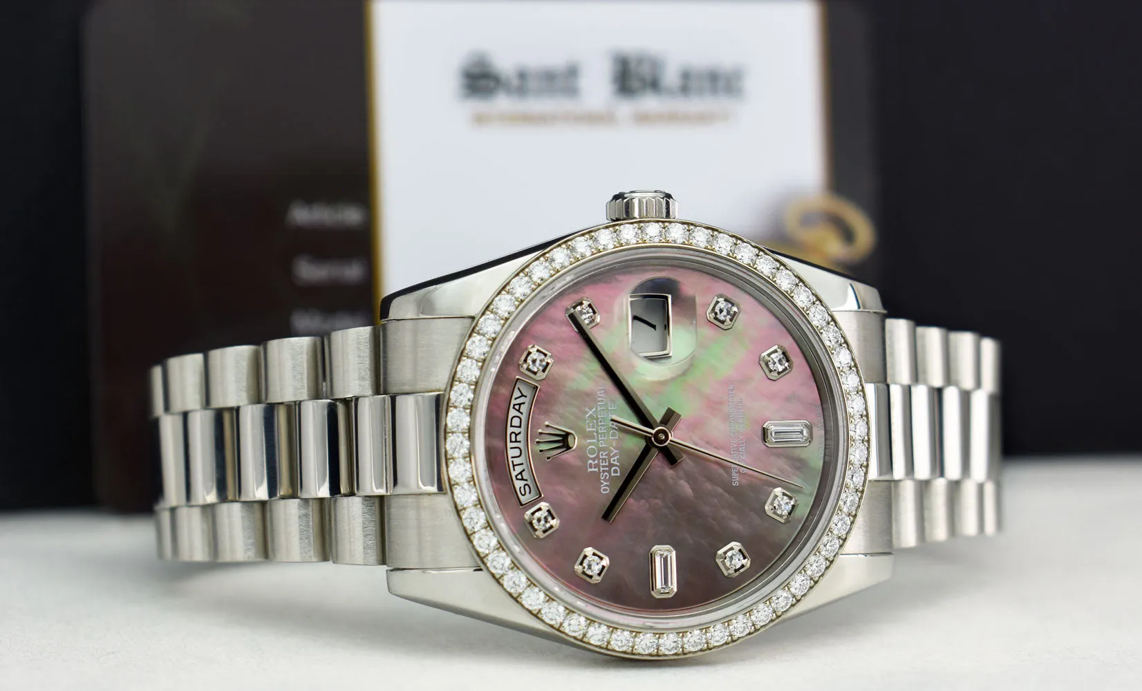 ROLEX REHAUT Mens Day Date Platinum President MOP Diamond Dial Diamond Bezel Model 118206