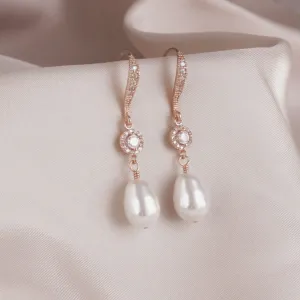 Rose Gold Pear Pearl Dangle Earrings