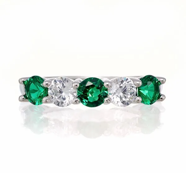 Round and Emerald Green Cubic Zirconia 5 Stone Anniversary Band - White Gold Plated Sterling Silver