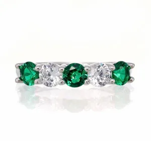 Round and Emerald Green Cubic Zirconia 5 Stone Anniversary Band - White Gold Plated Sterling Silver