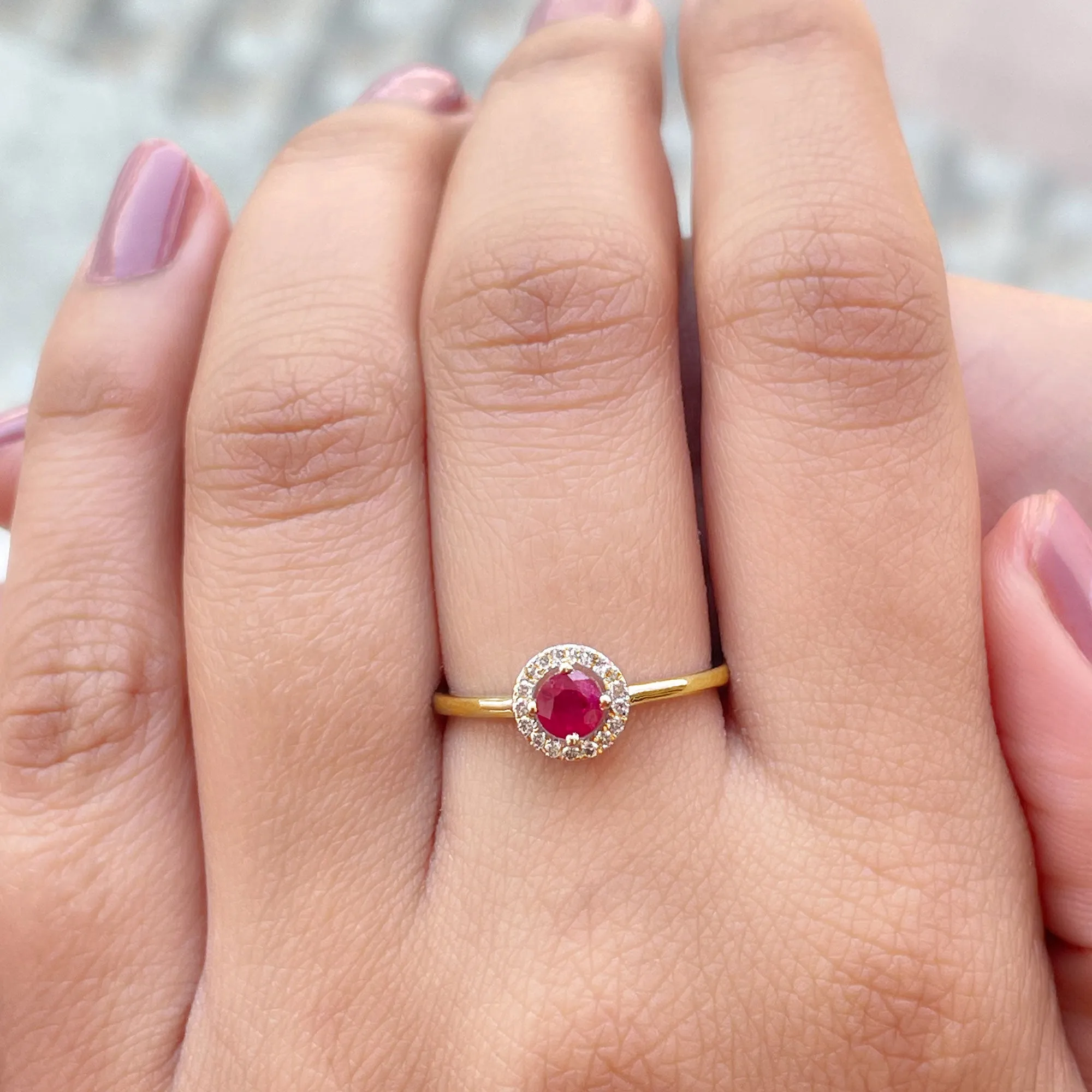 Round Ruby Engagement Ring with Diamond Halo