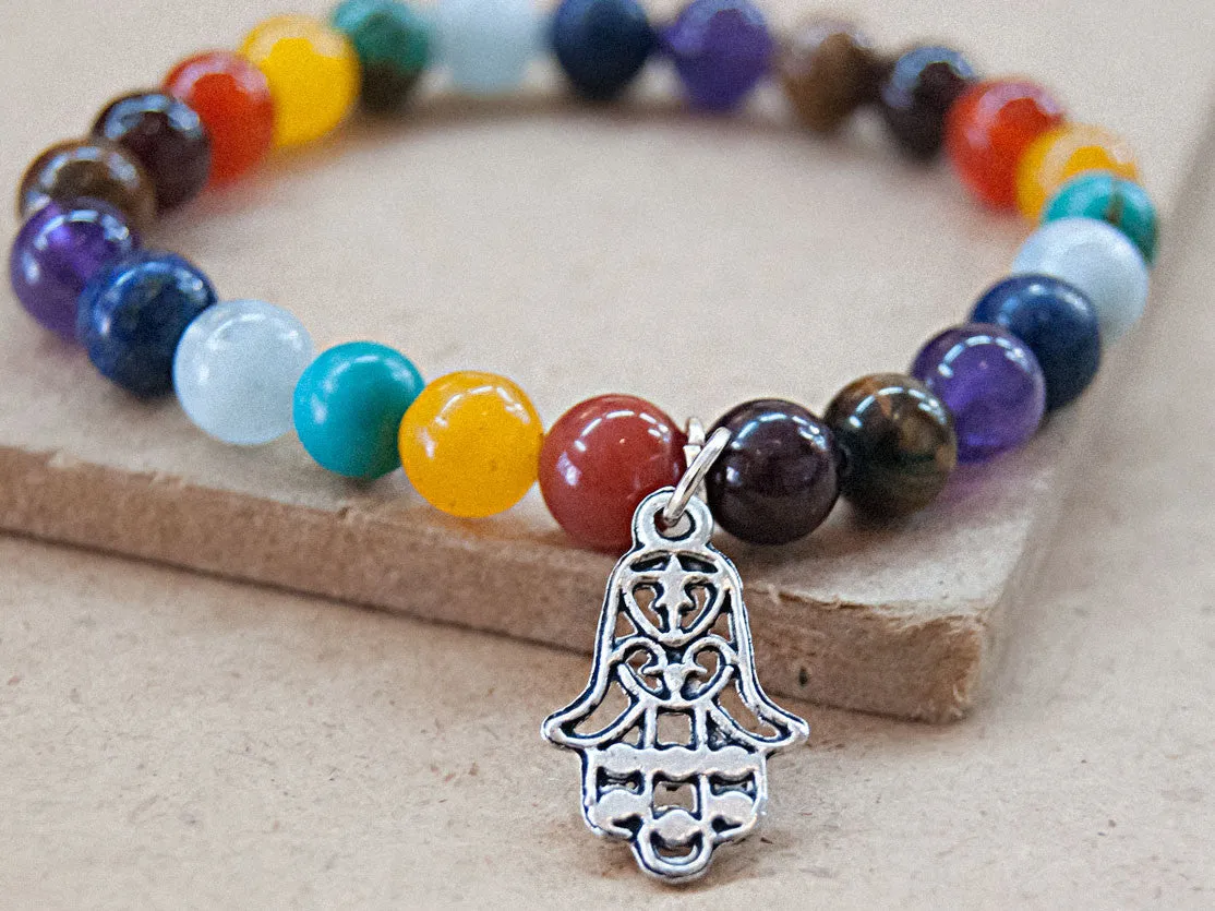 Seven Chakras Mala Bracelet with Hamsa Charm