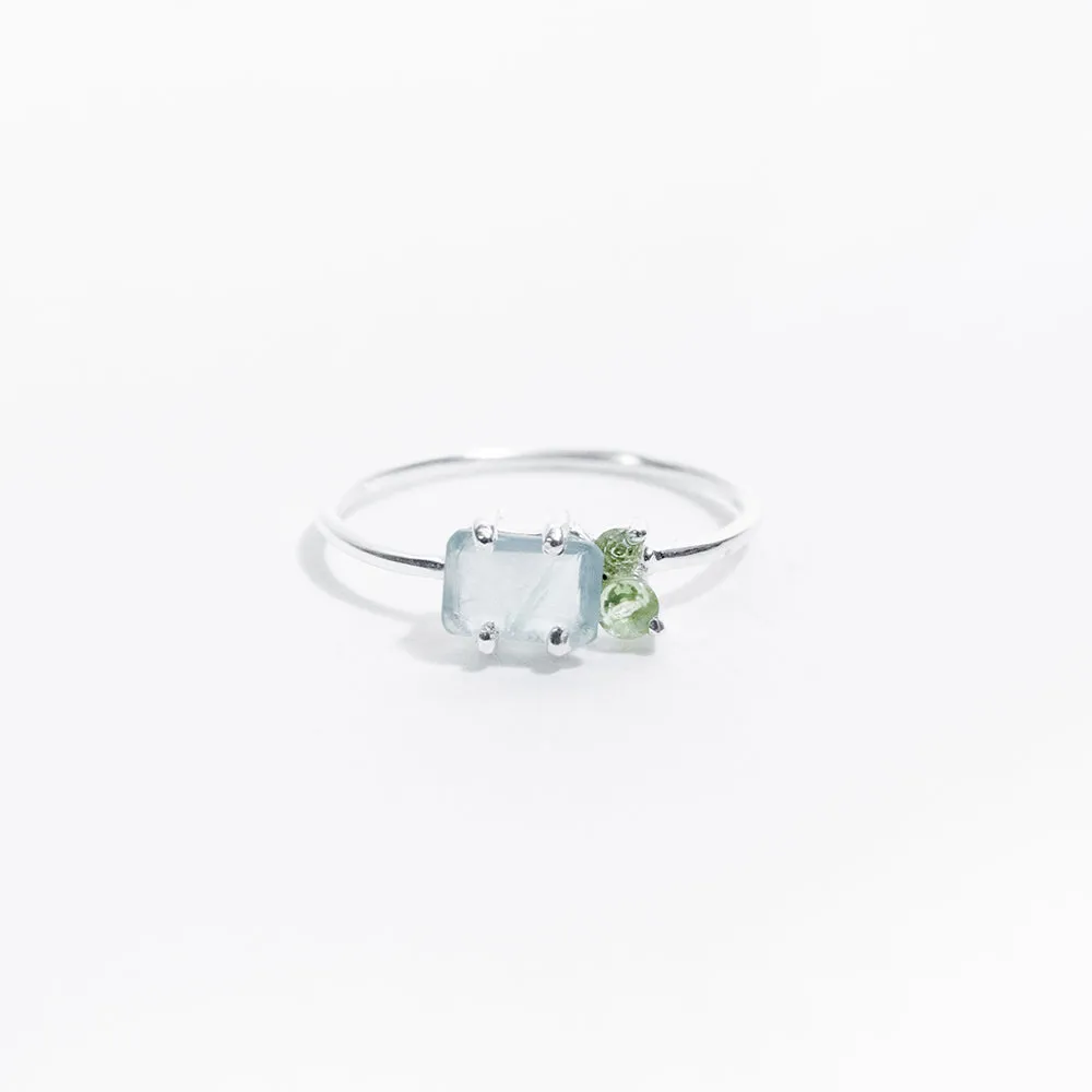 Silver Chalcedony and Peridot Faceted Square Ring