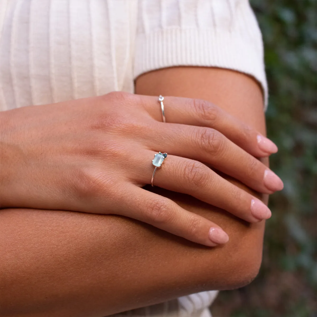 Silver Chalcedony and Peridot Faceted Square Ring