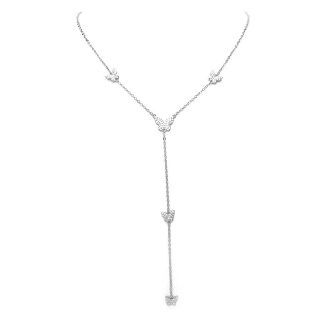 Silver CZ Pave Butterfly Y Shaped Necklace