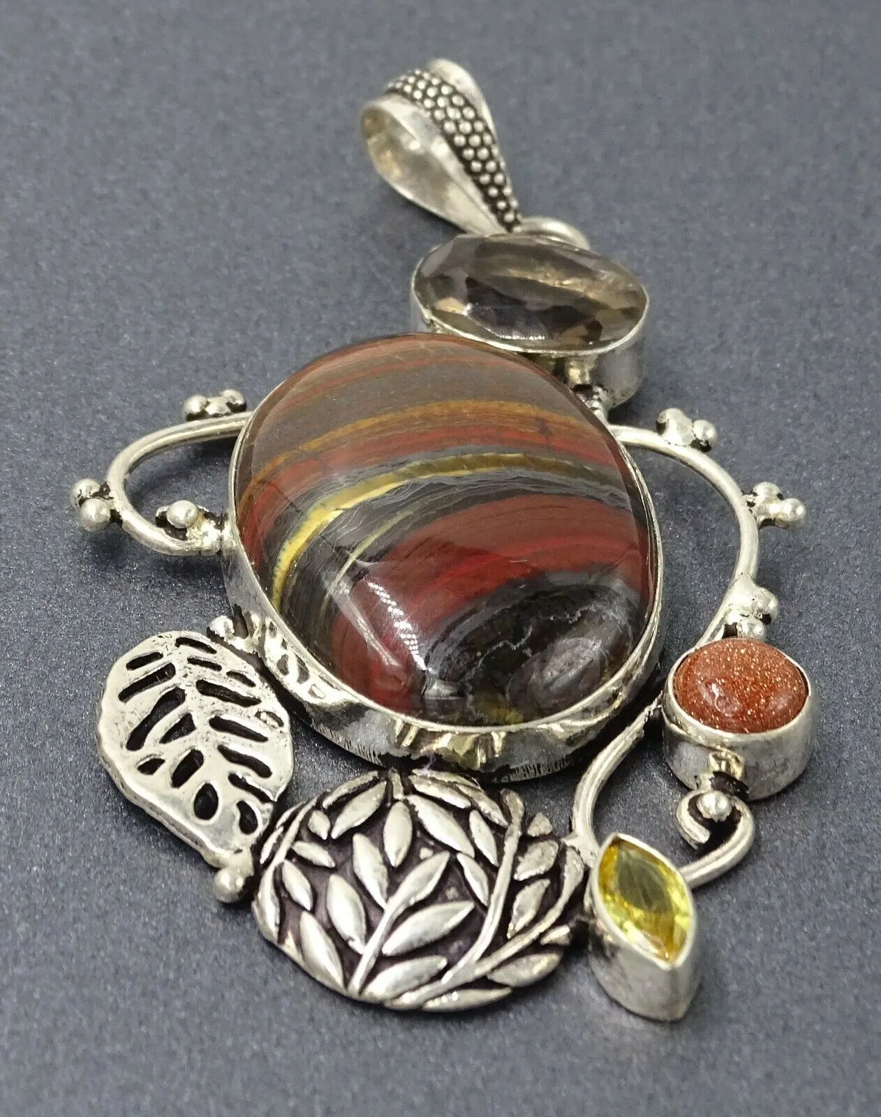 Smoky Quartz, Iron Jasper, Goldstone & Peridot 925 Sterling Silver Pendant