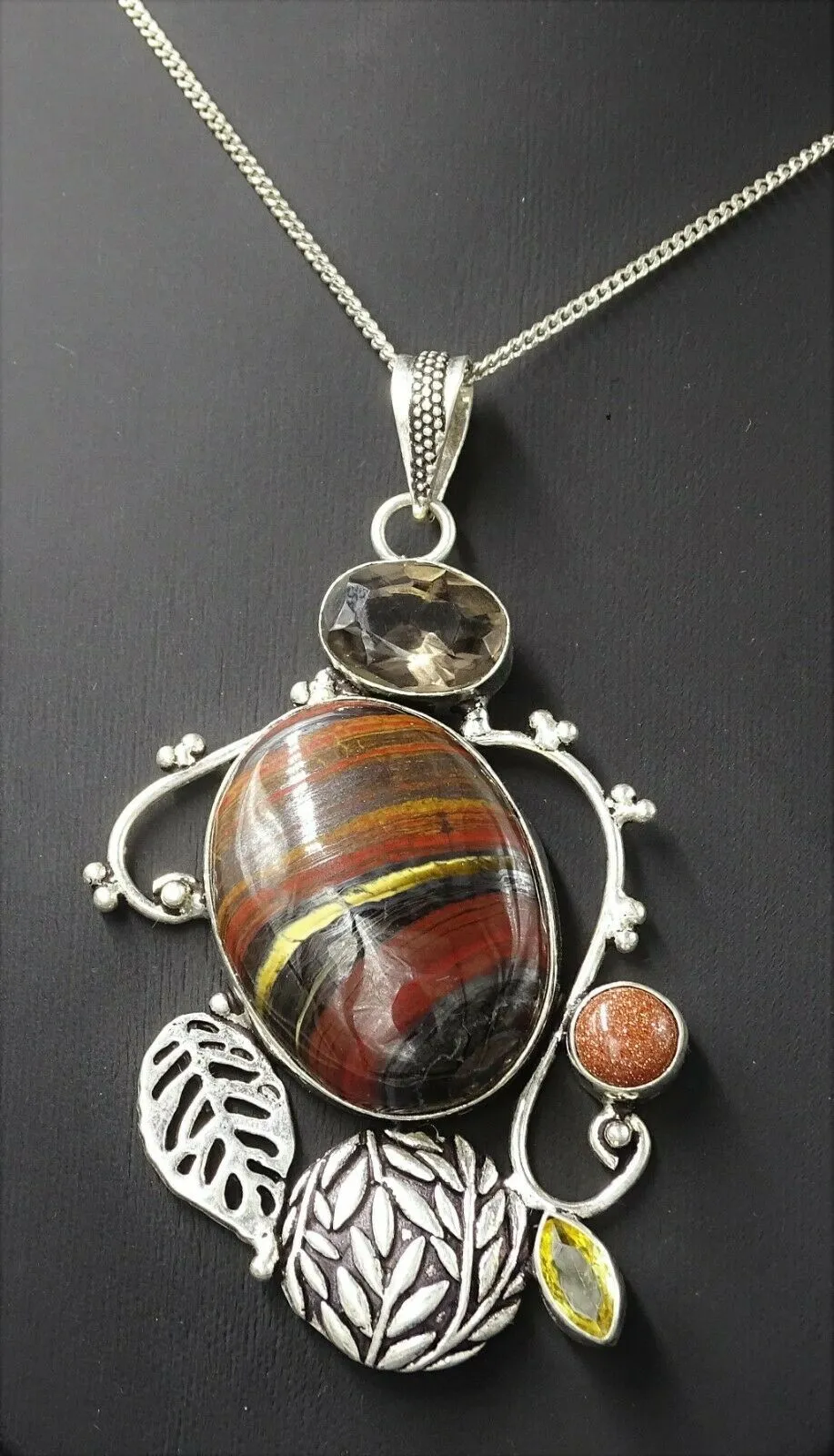 Smoky Quartz, Iron Jasper, Goldstone & Peridot 925 Sterling Silver Pendant