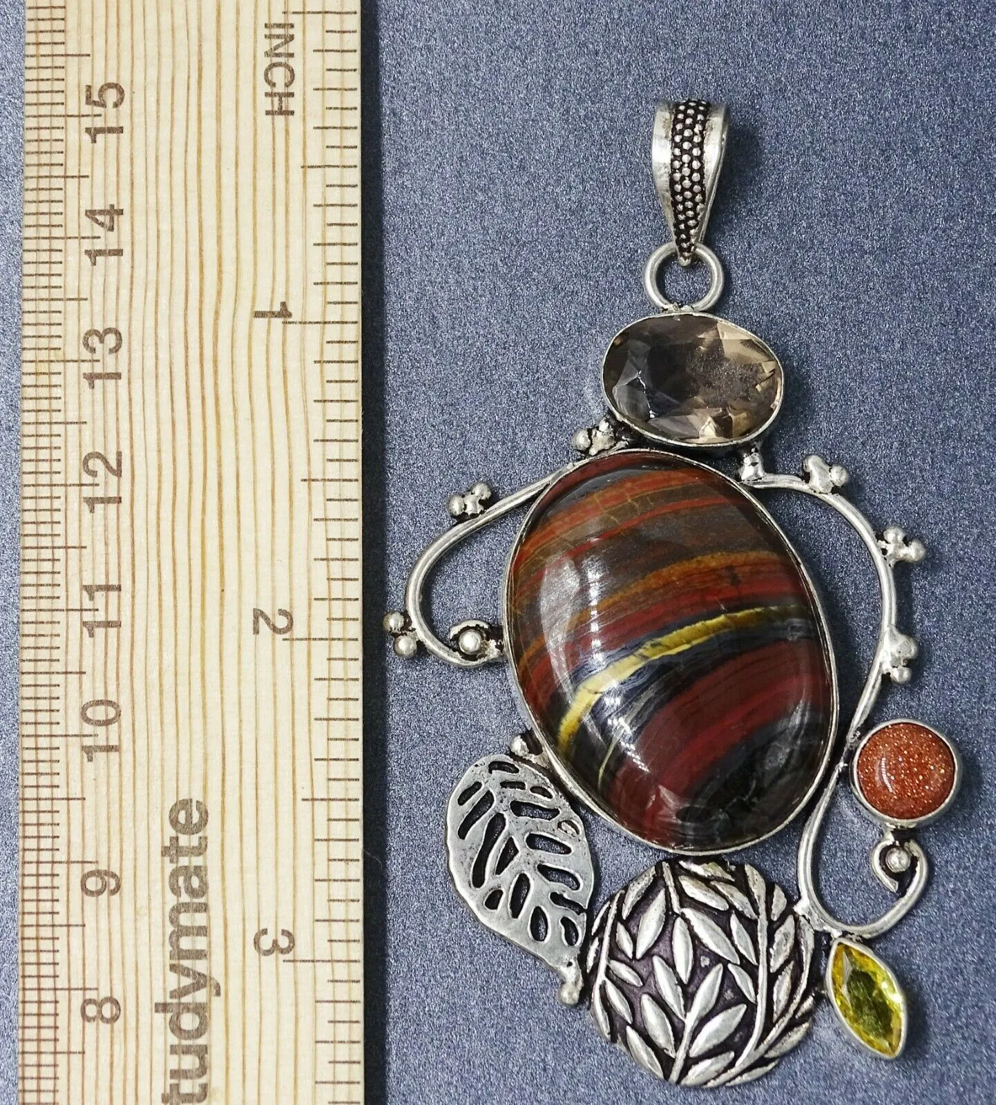 Smoky Quartz, Iron Jasper, Goldstone & Peridot 925 Sterling Silver Pendant