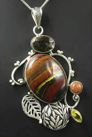 Smoky Quartz, Iron Jasper, Goldstone & Peridot 925 Sterling Silver Pendant