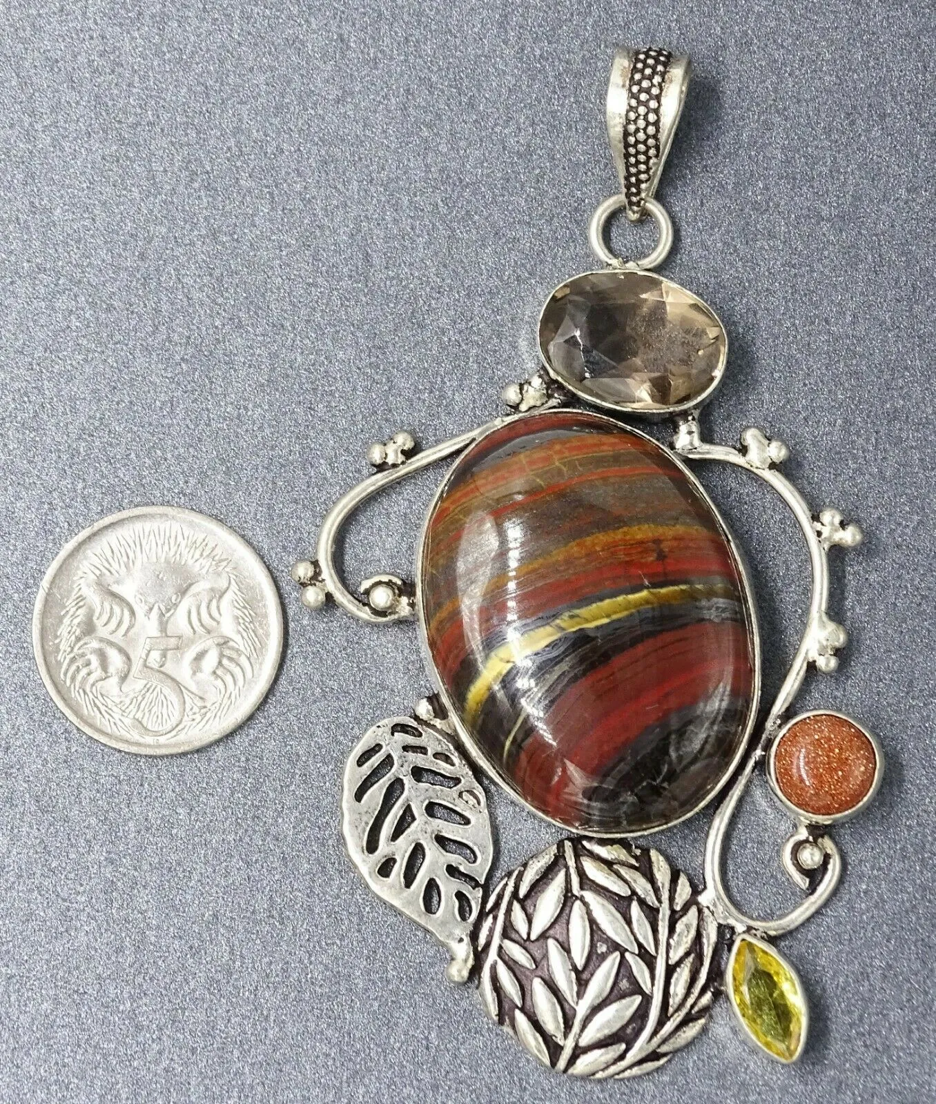 Smoky Quartz, Iron Jasper, Goldstone & Peridot 925 Sterling Silver Pendant