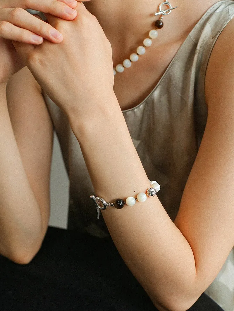 Smooth Mother of Pearls and Silver Shell Beaded OT Bracelet