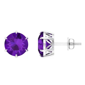 Solitaire Stud Earrings with Round Shaped Amethyst