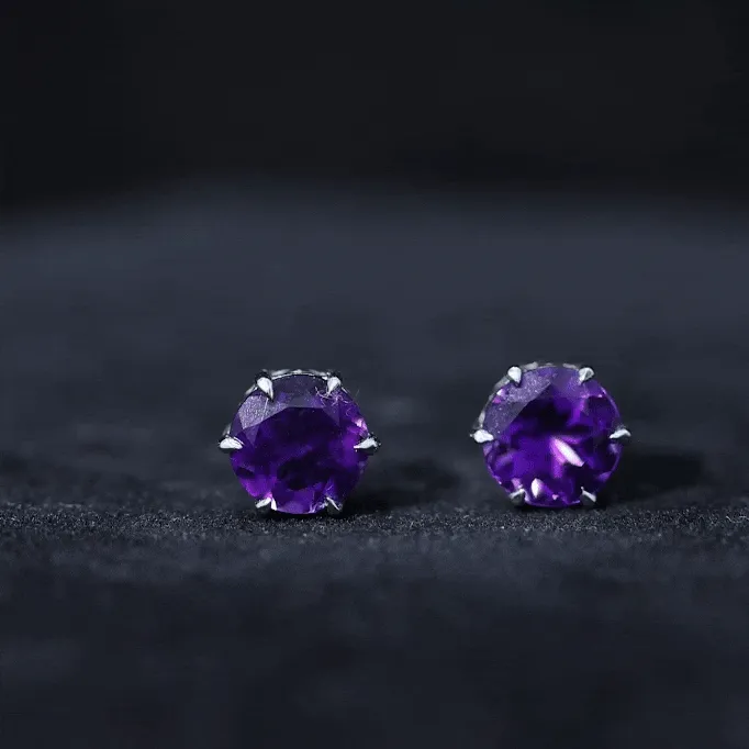 Solitaire Stud Earrings with Round Shaped Amethyst