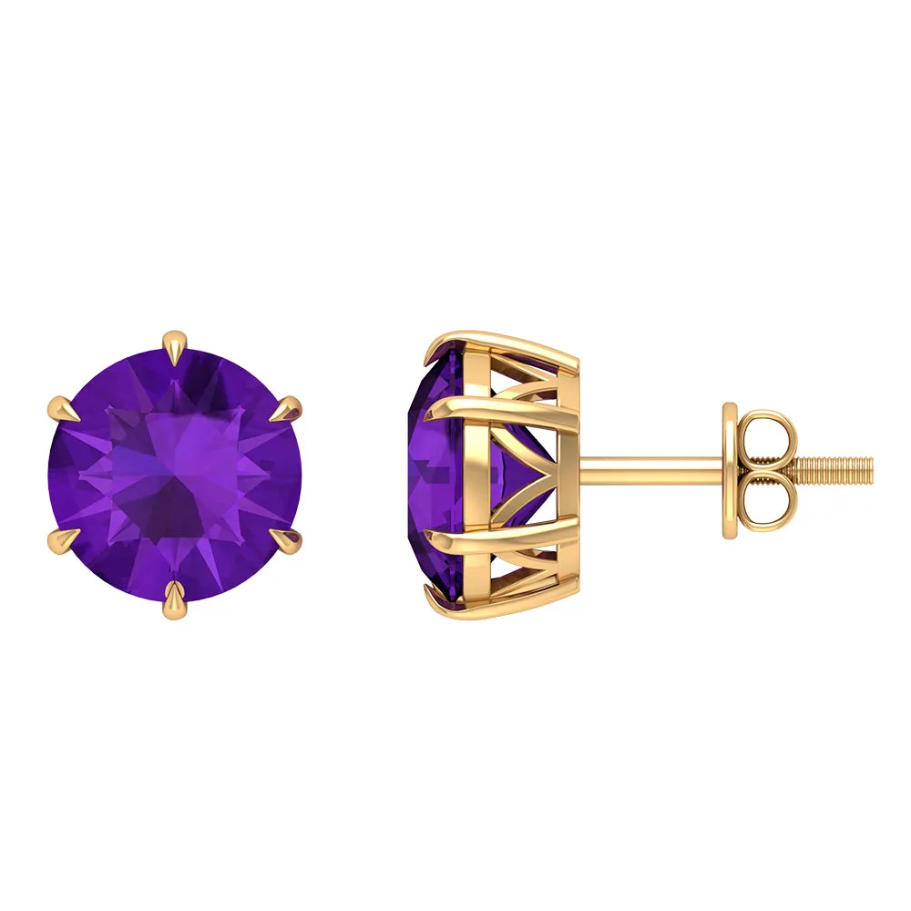 Solitaire Stud Earrings with Round Shaped Amethyst