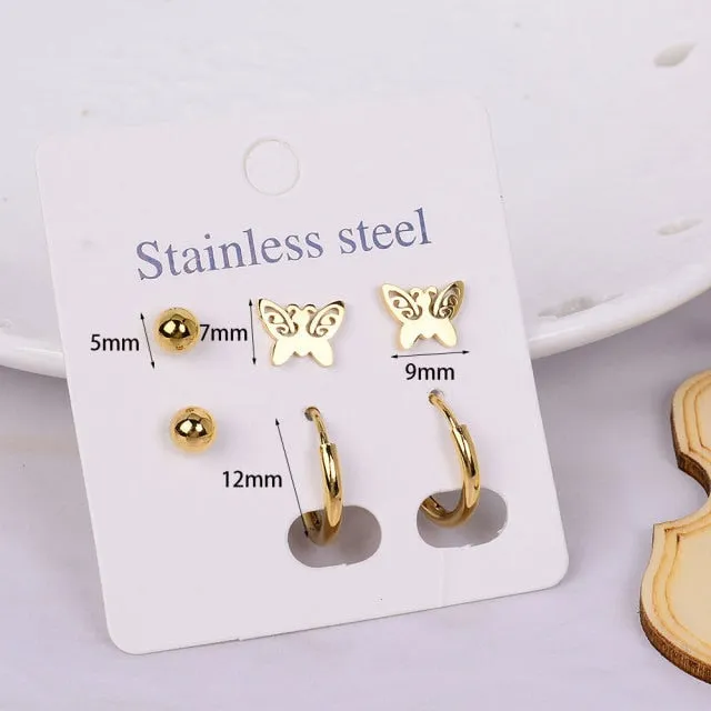 Stainless Steel Earrings Small Cute Butterfly Star Moon Heart Stud Earrings Set Punk Piercing Earing Women's Minimalist Jewelry