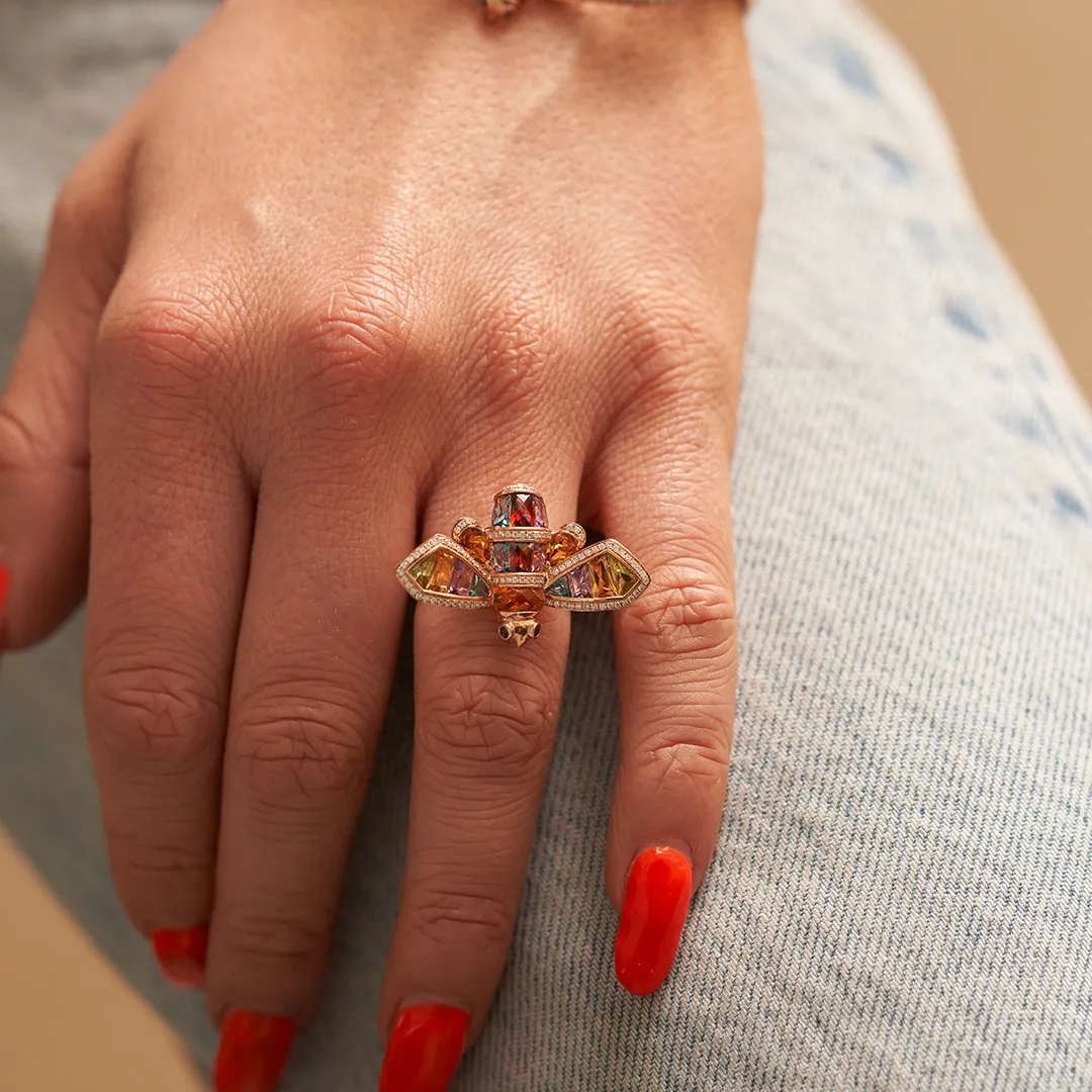 Step Cut Mixed Gemstone Rainbow Queen Bee Ring