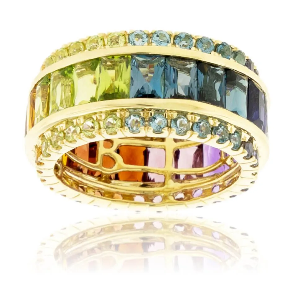 Step Cut Mixed Gemstone Wide Rainbow Ring