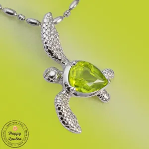 Sterling Silver Realistic Sea Turtle Hawaiian Honu Pendant with Peridot Setting, Stainless Steel Chain Included