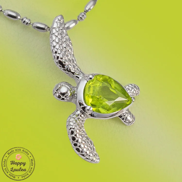 Sterling Silver Realistic Sea Turtle Hawaiian Honu Pendant with Peridot Setting, Stainless Steel Chain Included