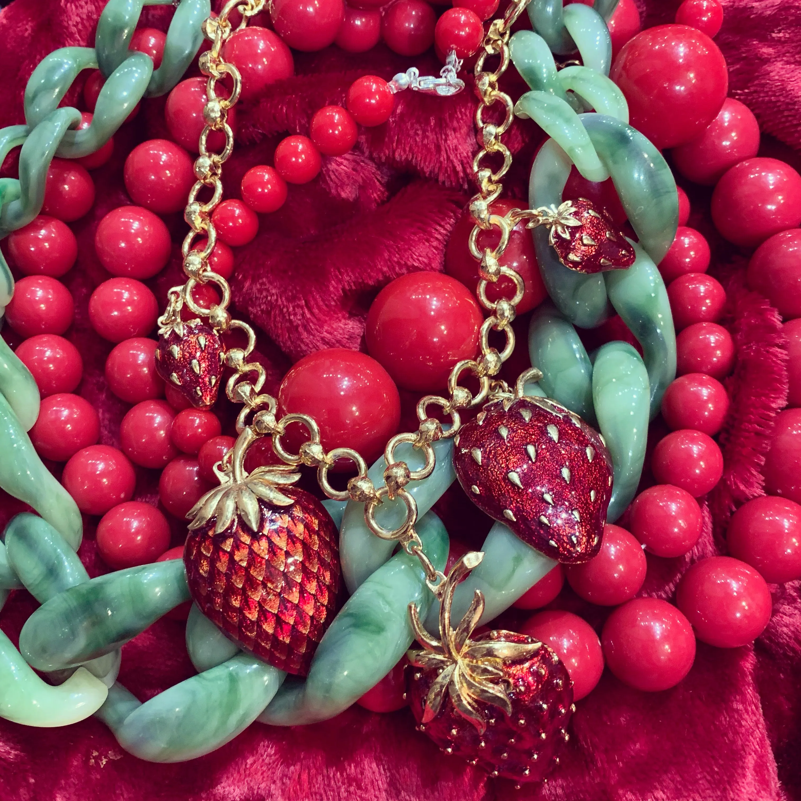 Strawberry Necklace Red Enamel Gold