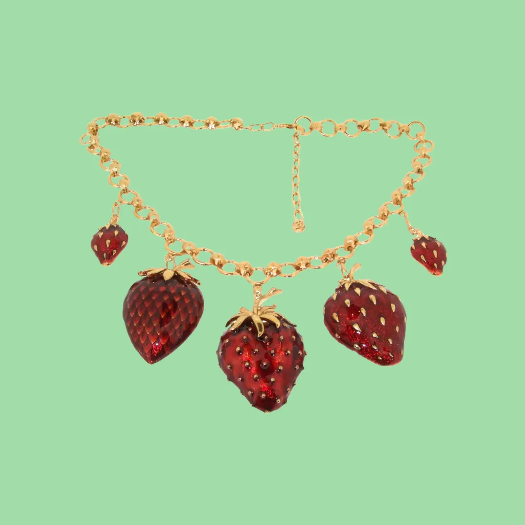 Strawberry Necklace Red Enamel Gold