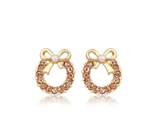 Sweet Ribbon Crystal Pearl Earrings Studs for Women