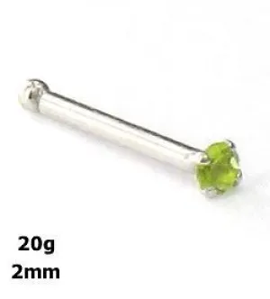 Tilum 20g 14kt White Gold 2.0mm Peridot Jewel Nose Bone