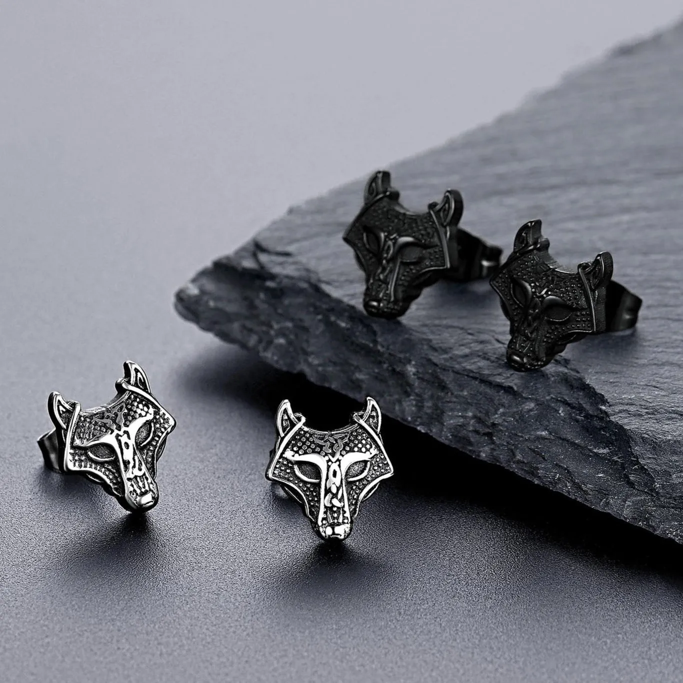 Viking Celtic Wolf Head Stud Earrings for Men Stainless Steel