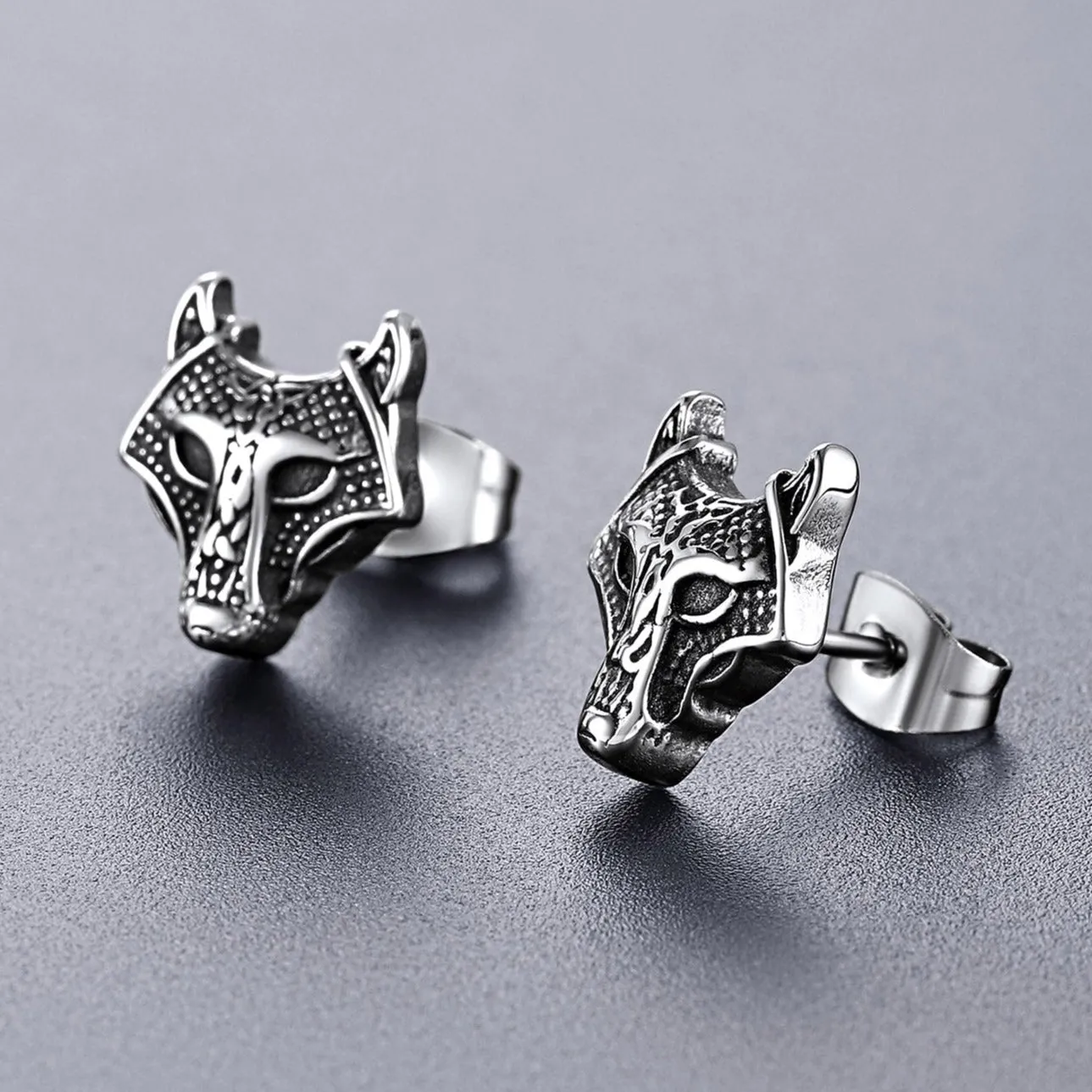 Viking Celtic Wolf Head Stud Earrings for Men Stainless Steel