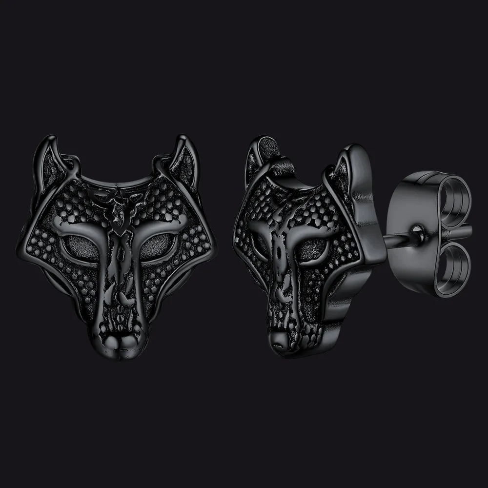 Viking Celtic Wolf Head Stud Earrings for Men Stainless Steel