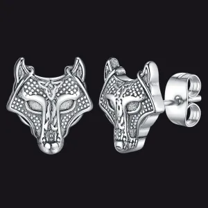 Viking Celtic Wolf Head Stud Earrings for Men Stainless Steel