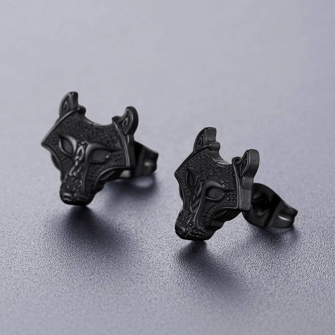 Viking Celtic Wolf Head Stud Earrings for Men Stainless Steel