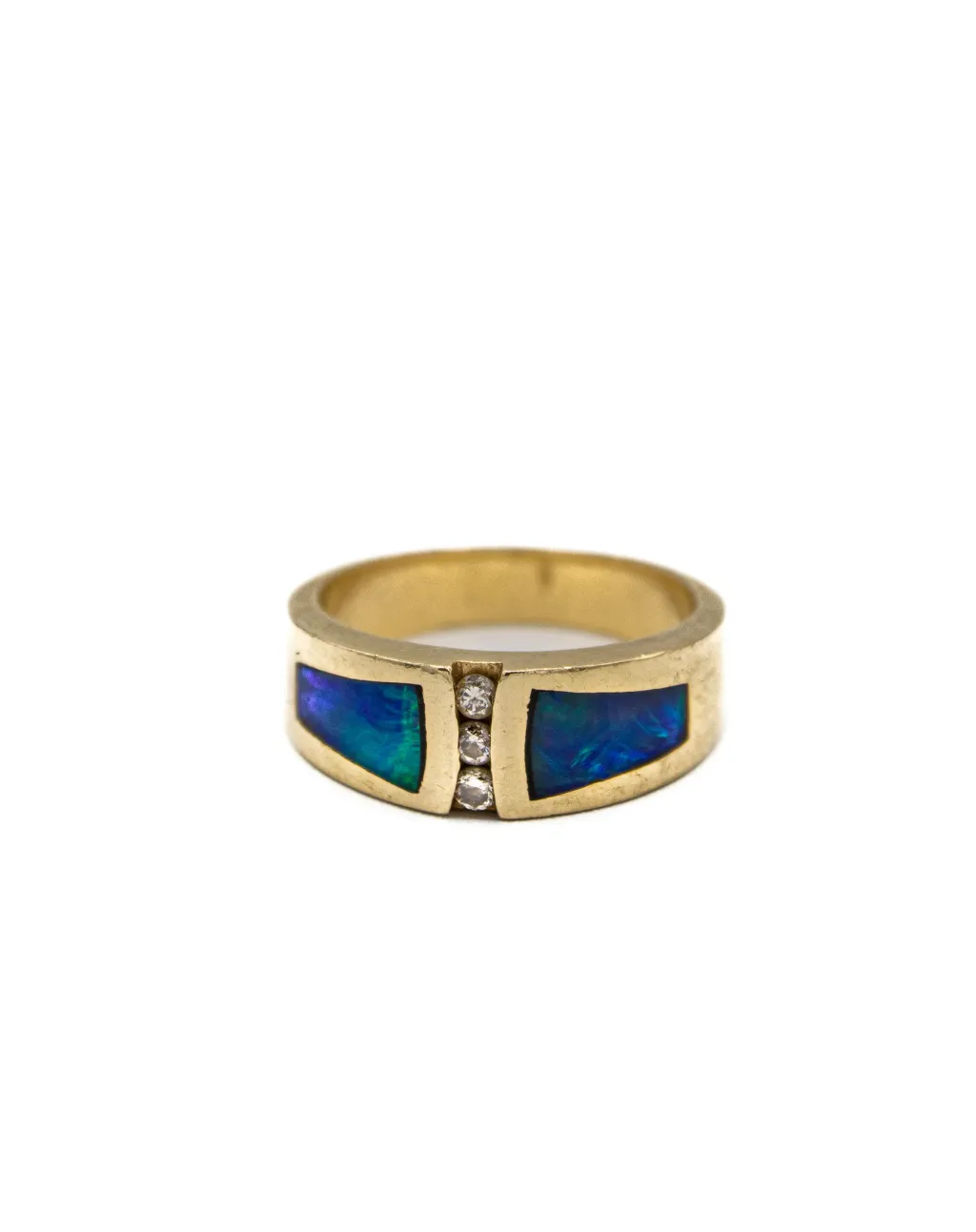 Vintage 14k Gold Band with Inlaid Natural Opal and Diamonds