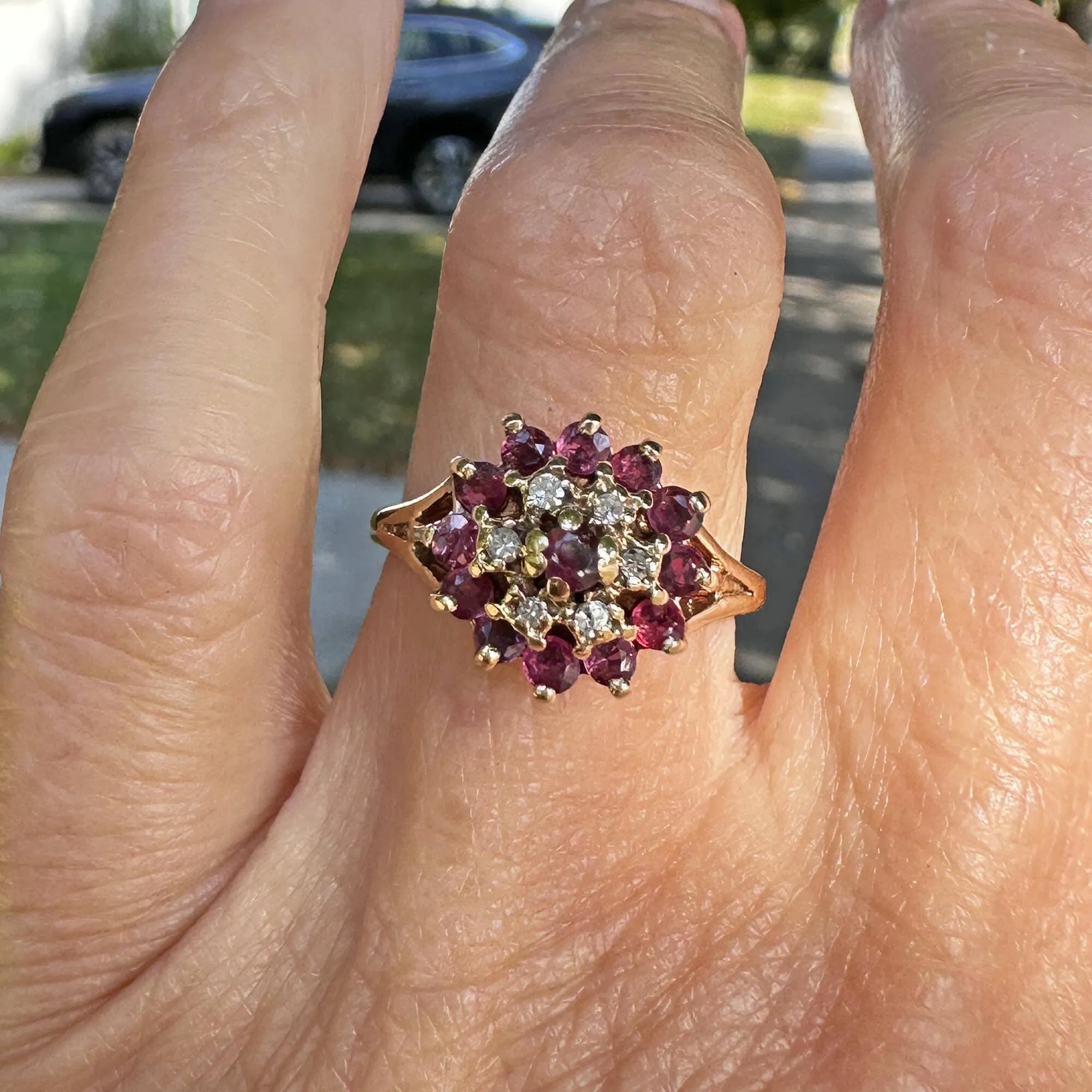 Vintage Diamond Ruby Cluster Harem Style Ring in Gold