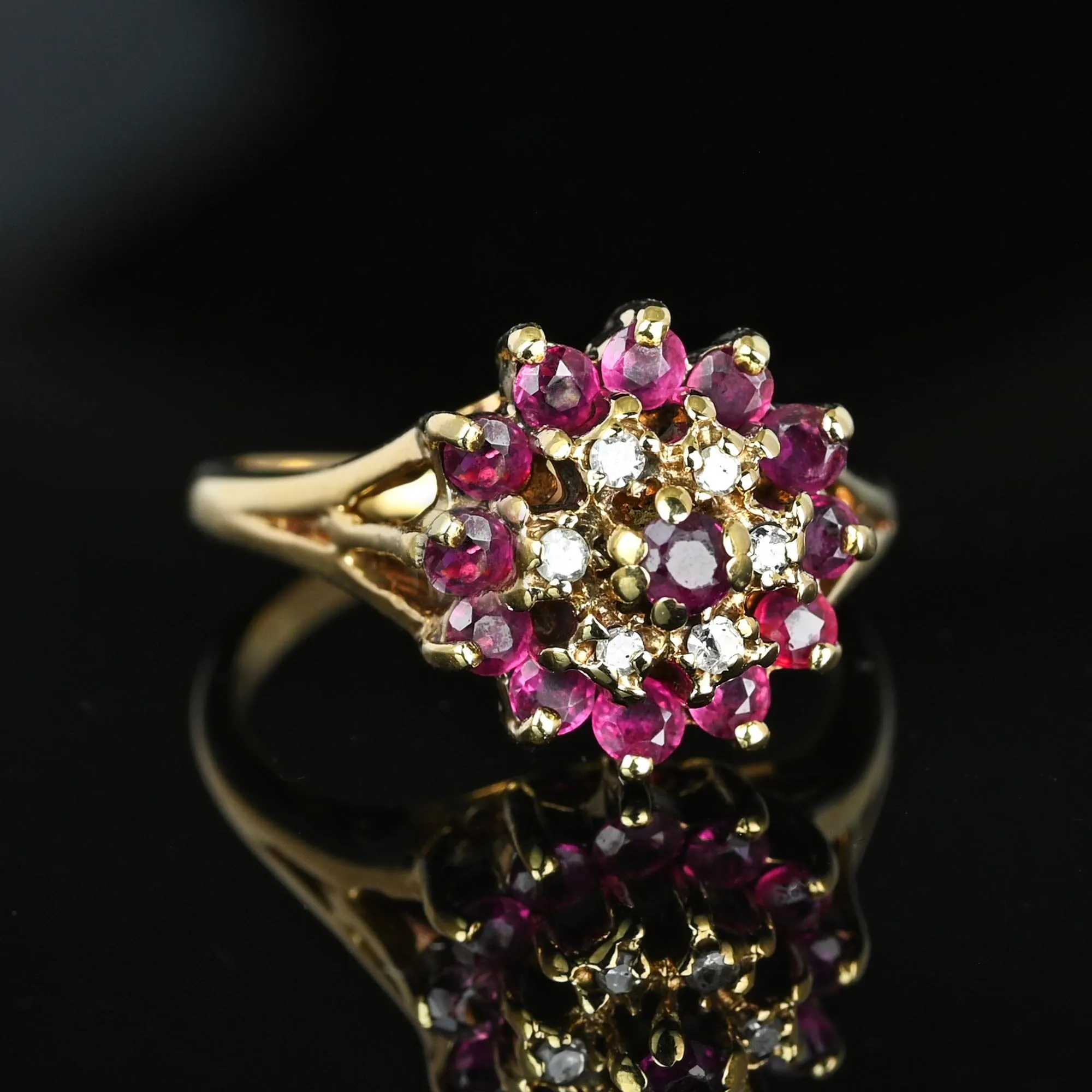 Vintage Diamond Ruby Cluster Harem Style Ring in Gold