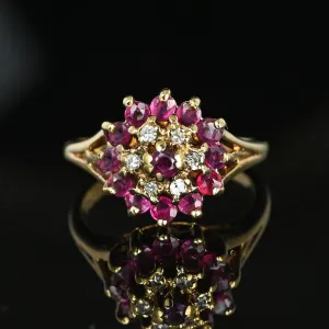 Vintage Diamond Ruby Cluster Harem Style Ring in Gold