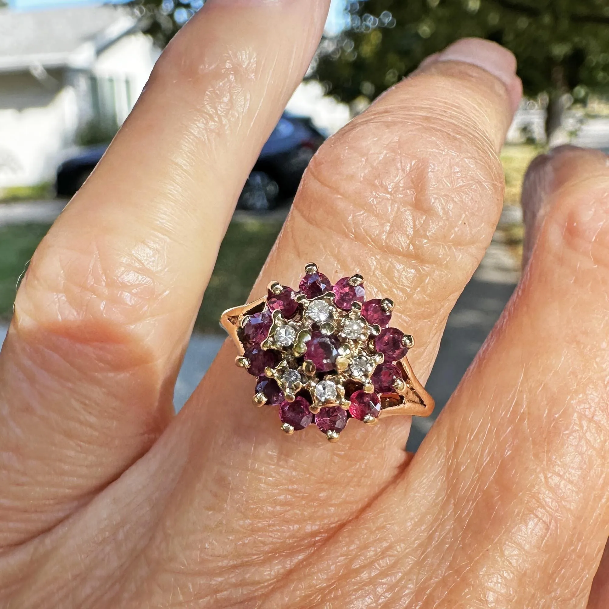 Vintage Diamond Ruby Cluster Harem Style Ring in Gold