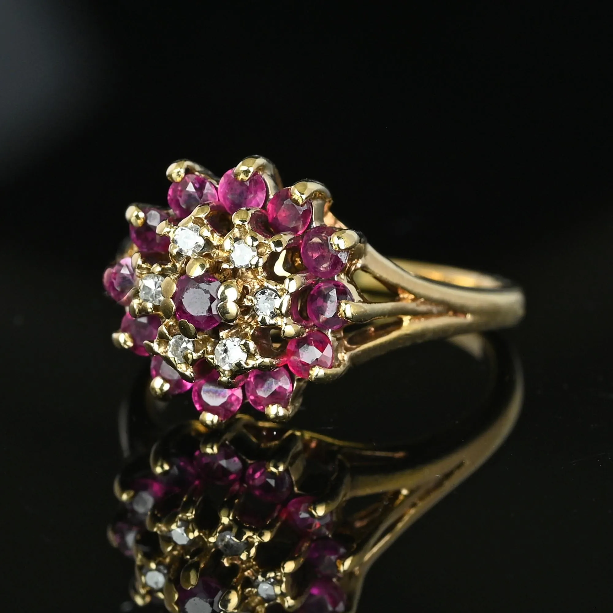 Vintage Diamond Ruby Cluster Harem Style Ring in Gold