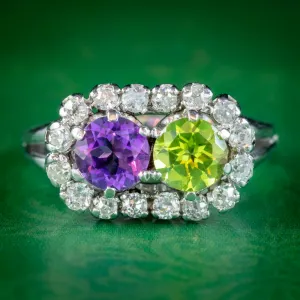 Vintage French Suffragette Ring Platinum Peridot Amethyst 0.80ct of Diamond Circa 1950