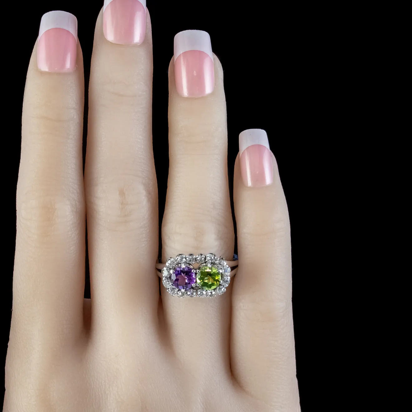 Vintage French Suffragette Ring Platinum Peridot Amethyst 0.80ct of Diamond Circa 1950