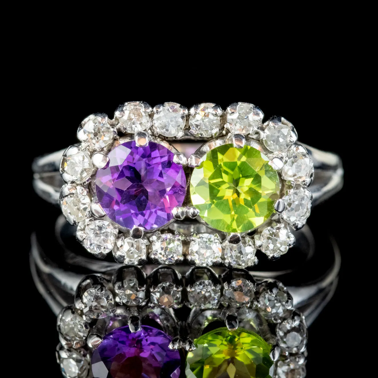 Vintage French Suffragette Ring Platinum Peridot Amethyst 0.80ct of Diamond Circa 1950