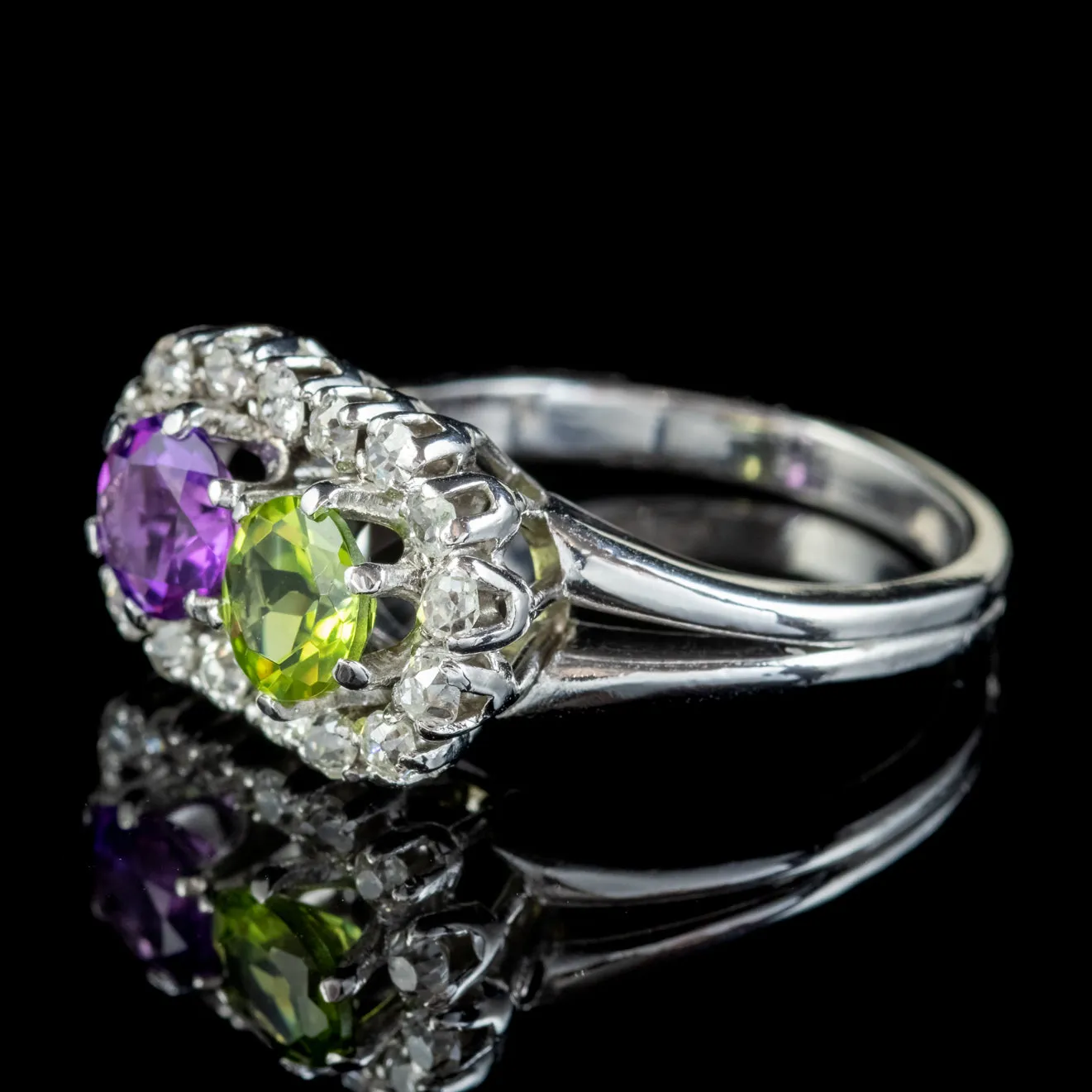 Vintage French Suffragette Ring Platinum Peridot Amethyst 0.80ct of Diamond Circa 1950