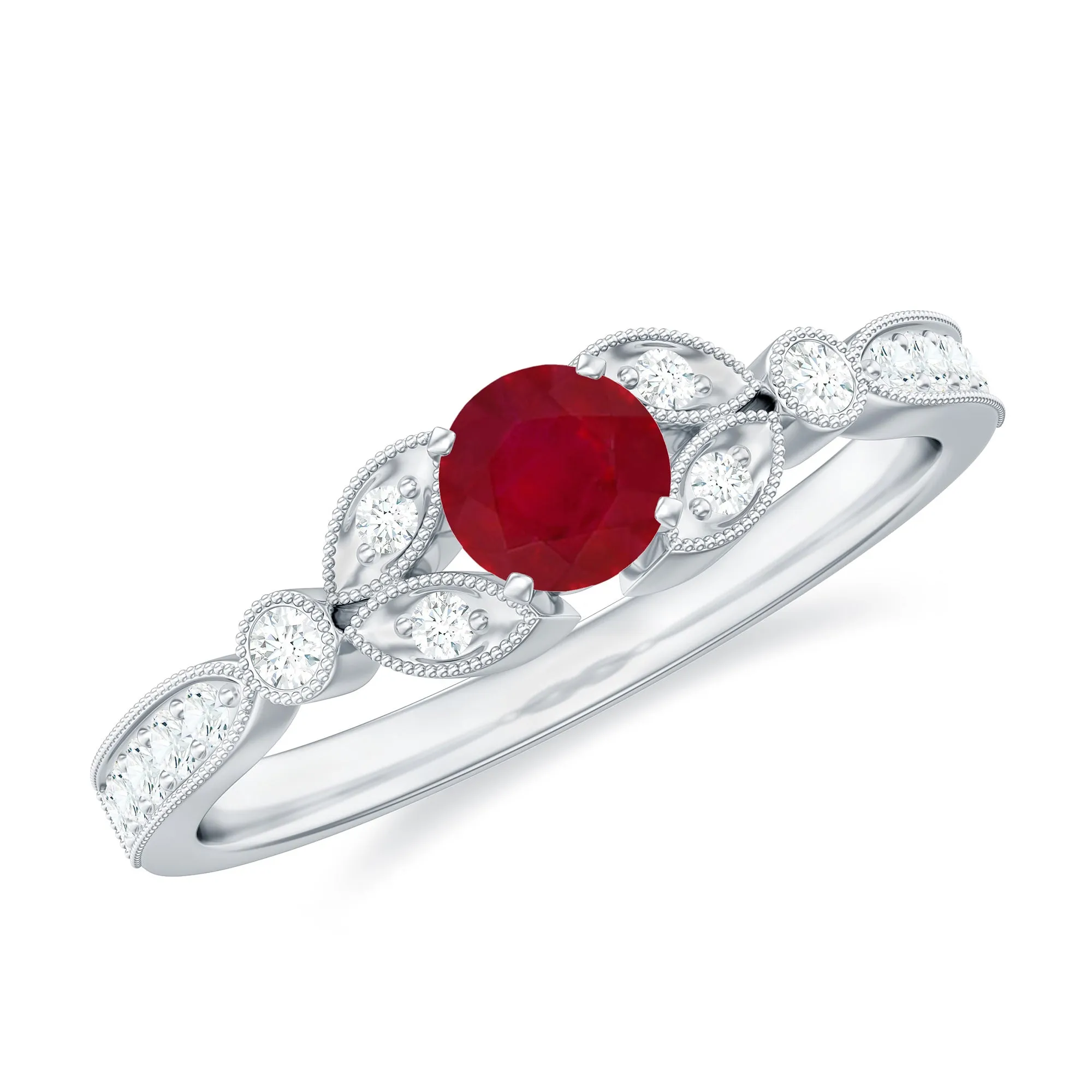 Vintage Inspired Ruby and Diamond Engagement Ring with Milgrain Details