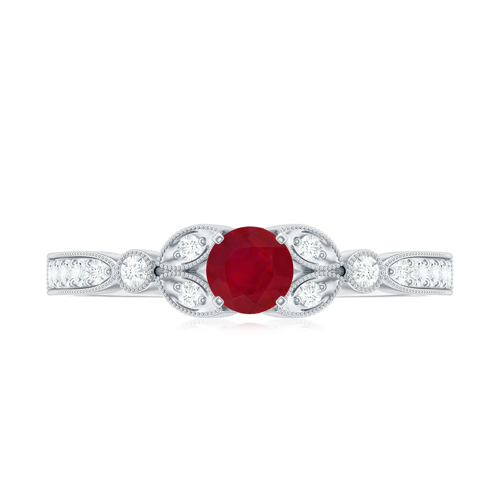 Vintage Inspired Ruby and Diamond Engagement Ring with Milgrain Details