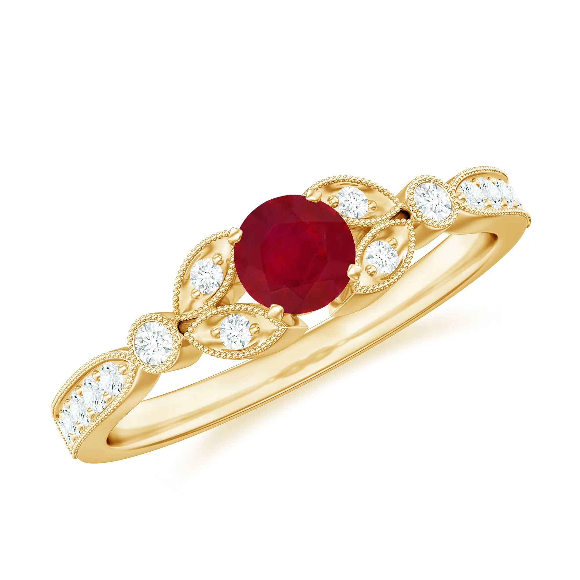 Vintage Inspired Ruby and Diamond Engagement Ring with Milgrain Details