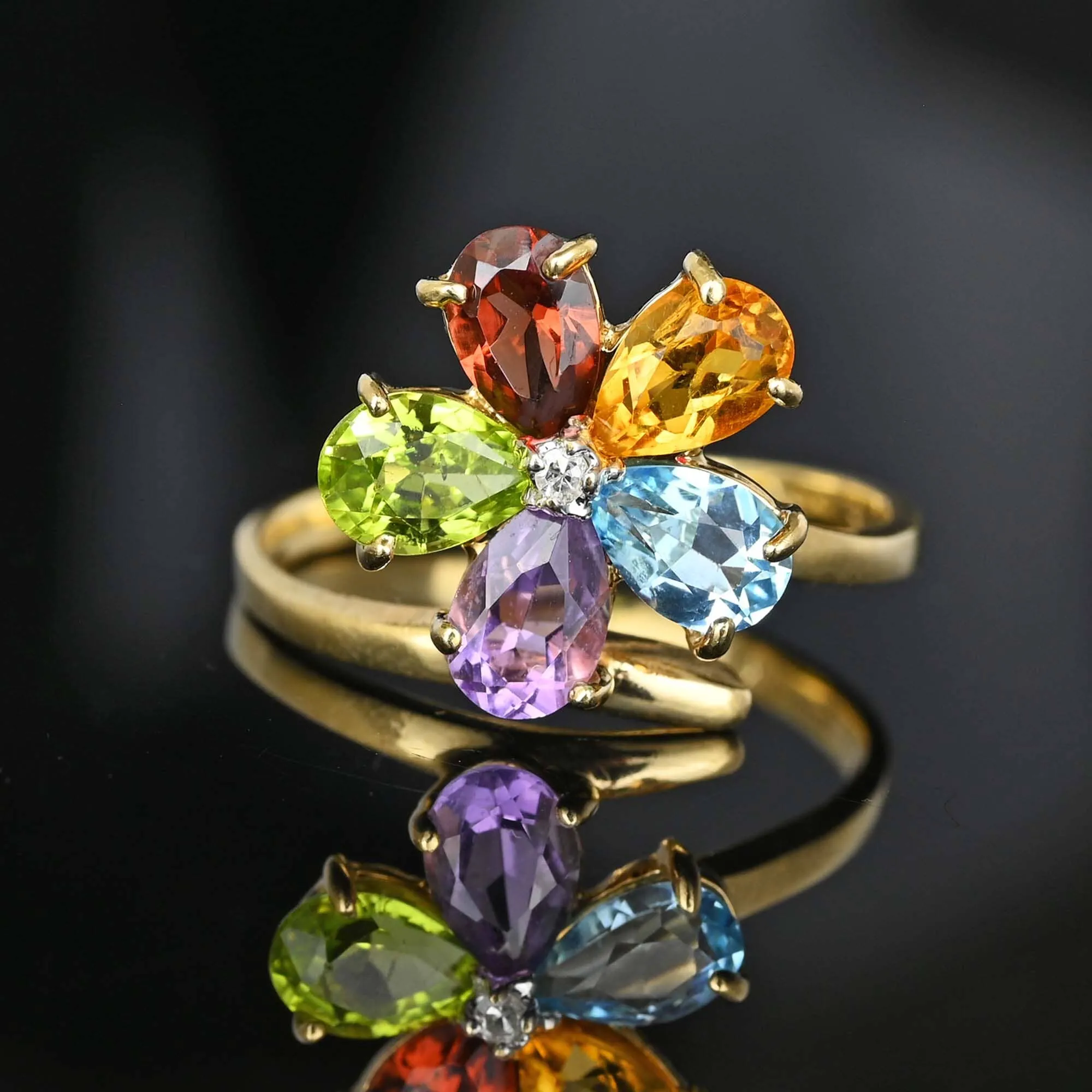 Vintage Multi Gemstone Harlequin Flower Cluster Ring