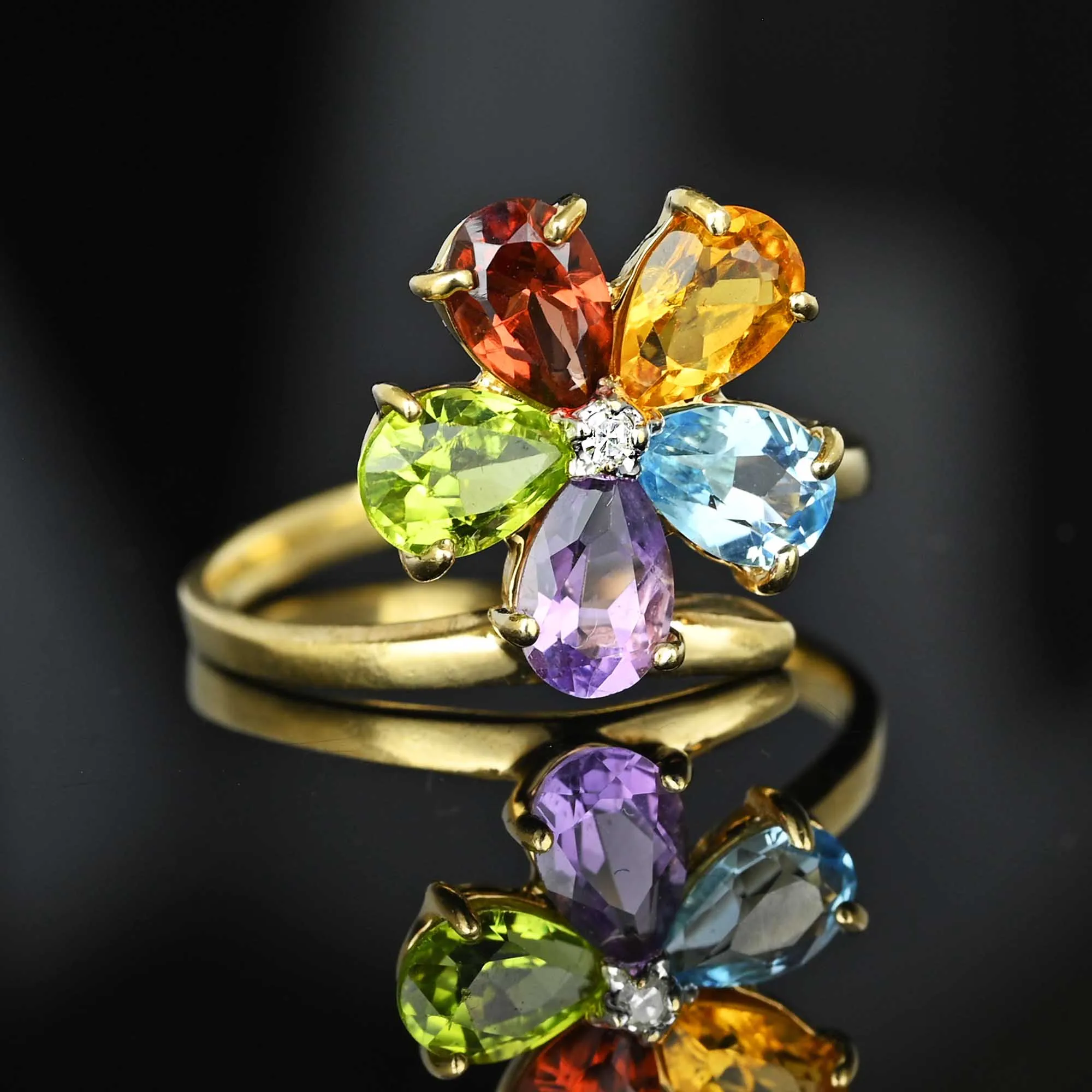 Vintage Multi Gemstone Harlequin Flower Cluster Ring